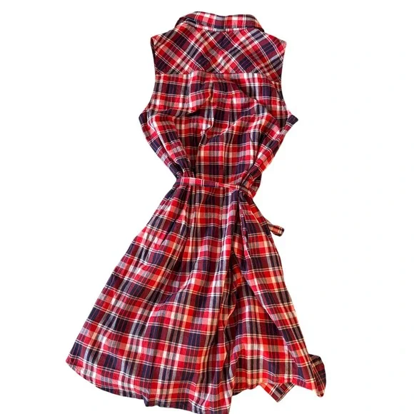 J Crew Factory women's cotton red, white & blue plaid belted dress. Size 6 - Picture 5 of 9